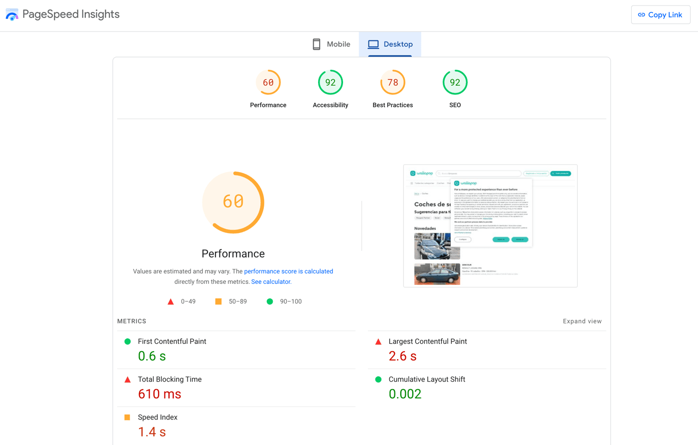 Ejemplo de análisis de velocidad de carga de Wallapop con PageSpeed Ingisht