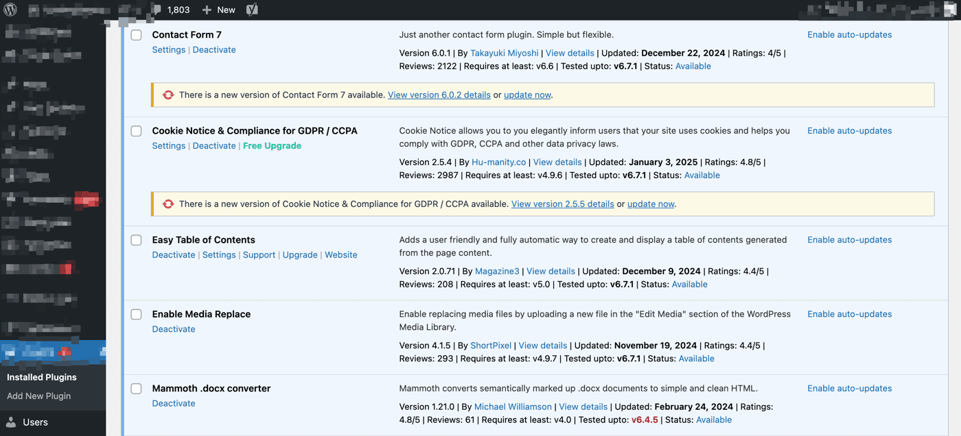 Plugins desactualizados