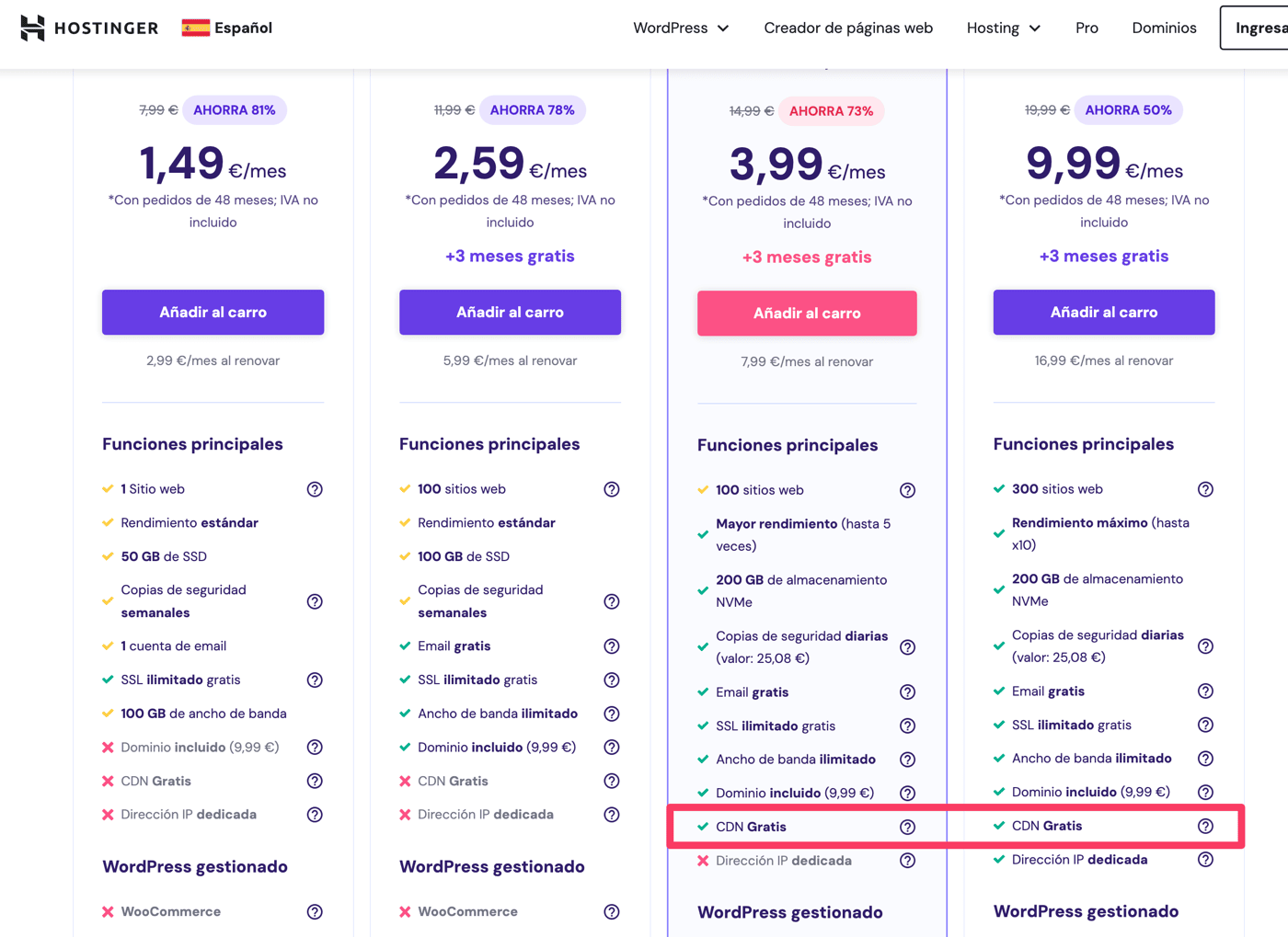 Opciones de CDN de Hostinger