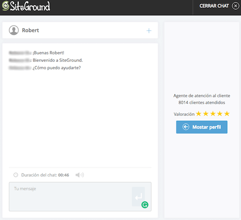 SiteGround brinda ayuda mediante chat en vivo