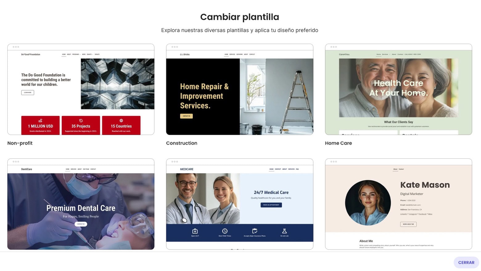 Plantillas disponibles del creador de Sitios de SiteGround