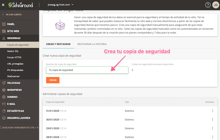 Crear copia de seguridad con SiteGround