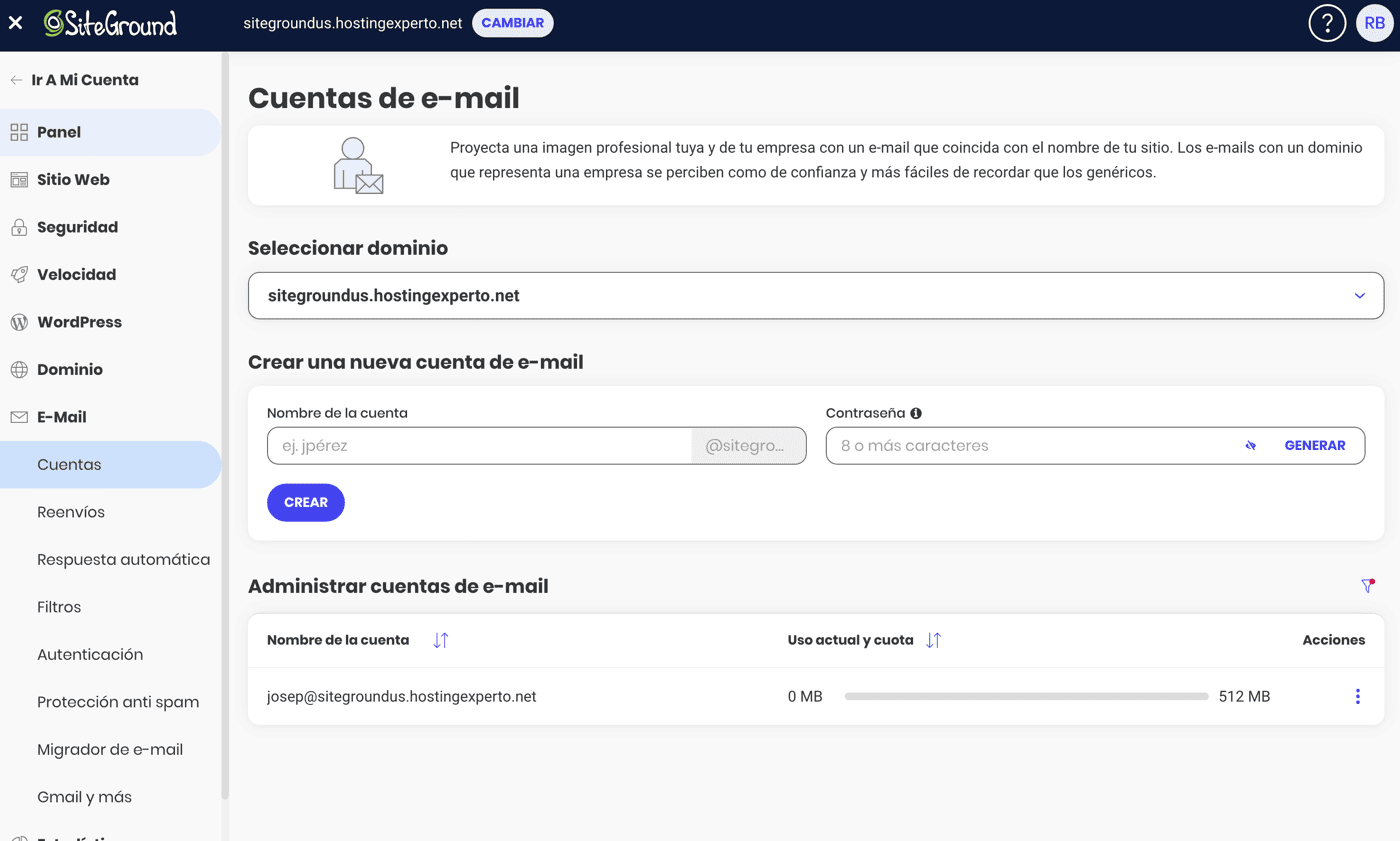 Creando cuentas de Gestionando cuentas de email con SiteGround