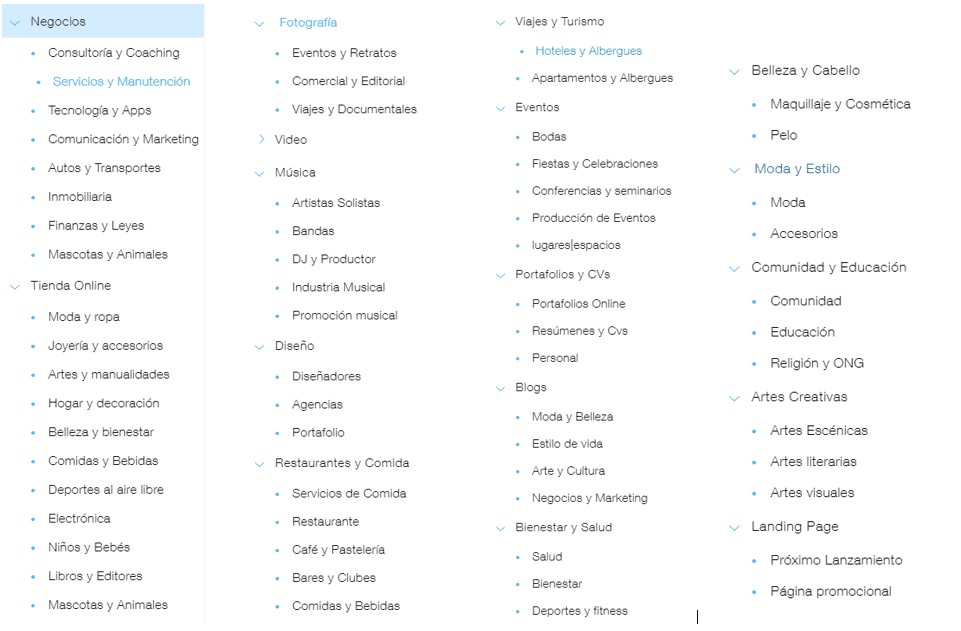Tabla de categor as y subcategor as de Wix