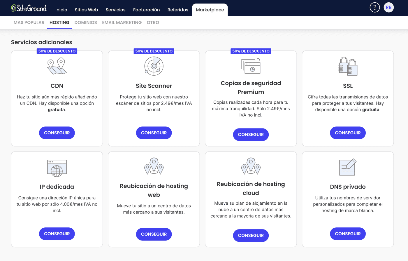 Servicios adicionales de SiteGround