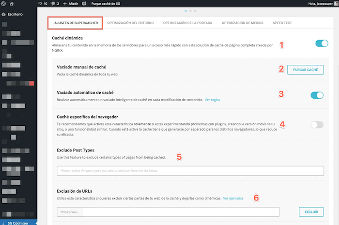 Optimización con SiteGround opciones