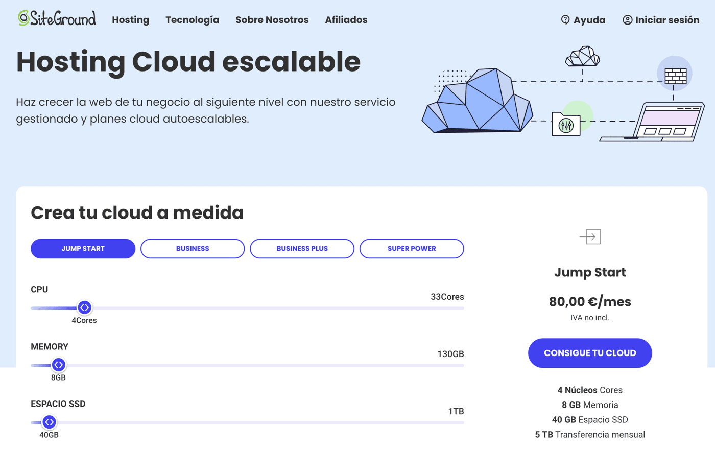 Planes de hosting cloud de SiteGround para páginas web