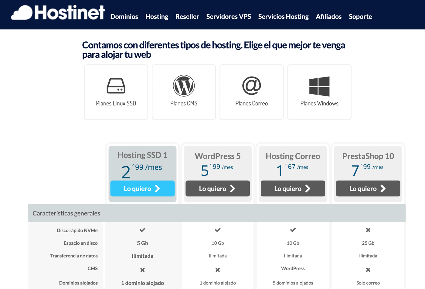 Planes de hosting compartido de Hostinet