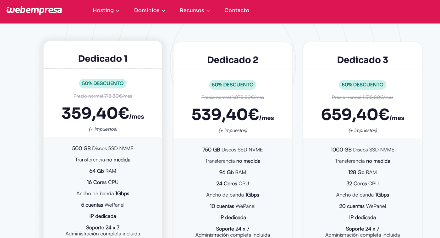 Planes de servidores dedicados con Webempresa