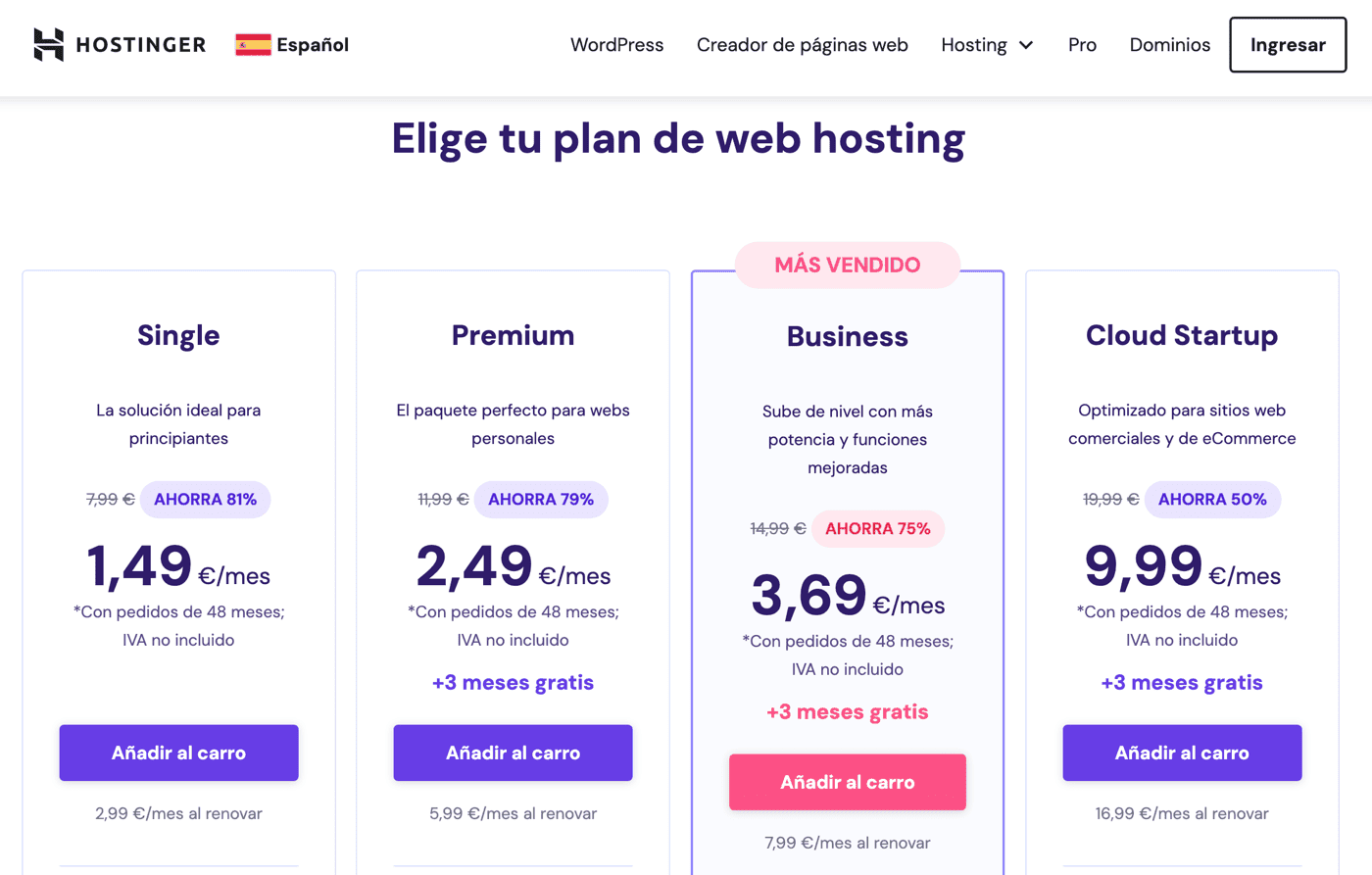 Planes de alojamiento web de Hostinger