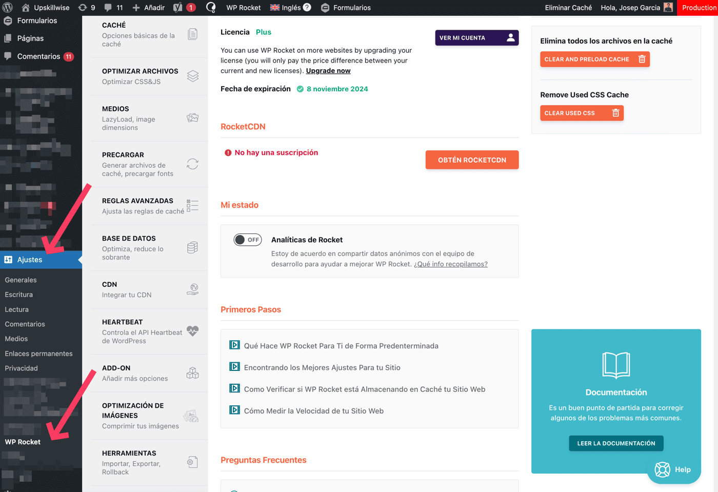 Donde encontrar WP Rocket dentro de WordPress